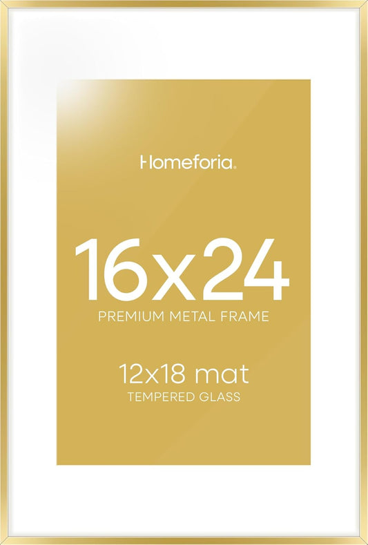 Homeforia 16 x 24 Picture Frame Gold, High End Metal 16x24 Poster Frames with Mat 12x18 Photo, 16 x 24 Gold Frame Matted to 12 by 18 Print, 24x16 Thin Hanging Frame, Tempered Glass, Wall Kit, Set of 1