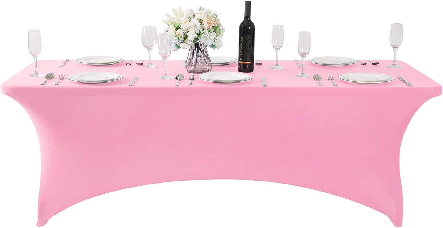 SuperO Waterproof Spandex Table Cover for 8FT Table Universal Fitted Stretch Tablecloth for Party, Banquet, Wedding and Events-Pink