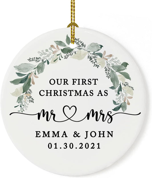 Andaz Press Personalized Our First Christmas As Mr. & Mrs. 2025 Christmas Ornaments Foliage Wreath 2.8" Round Porcelain Ceramic 1st Year Married Custom Ornament Keepsake for Newlyweds 1-Pack