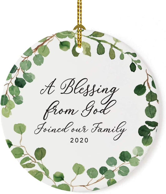 Andaz Press Custom Year Round Ceramic Porcelain Christmas Tree Ornament Keepsake Collectible Gift, A Blessing from God Adopted 2025, Farmhouse Eucalyptus Wreath, 1-Pack