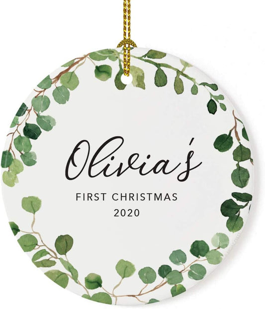 Andaz Press Personalized Round Ceramic Porcelain Christmas Tree Ornament Keepsake Collectible New Baby Gift, Olivia's First Christmas 2025, Farmhouse Eucalyptus Wreath, 1-Packs