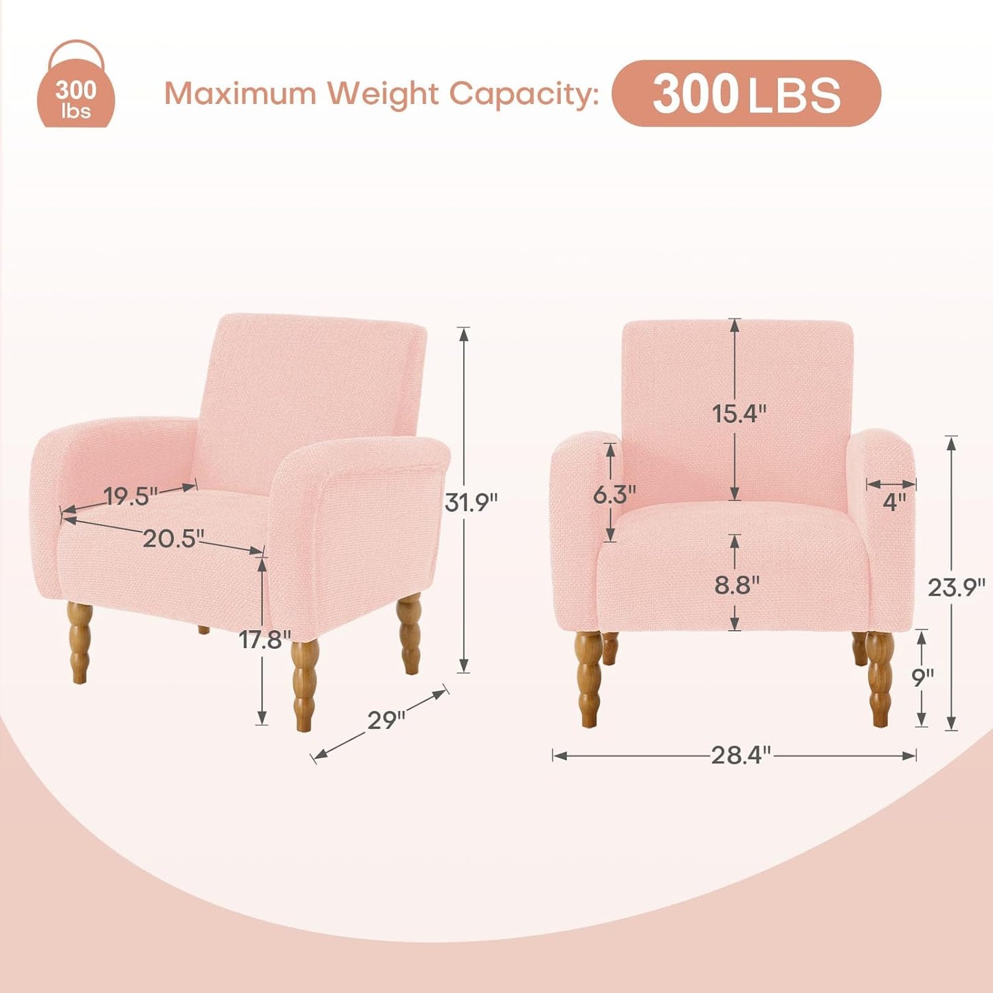 Chenille Fabric Accent Chair, Upholstered Armchair with Solid Wood Legs, Modern Living Room Accent Chair, Comfy Single Sofa Chair Reading Club Chair for Bedroom Reception Lounge, Pink
