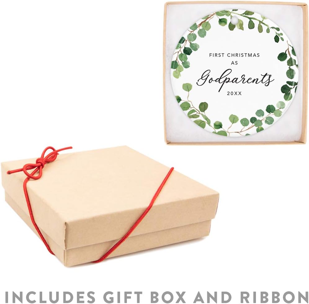 Andaz Press Custom Year Round Ceramic Porcelain Christmas Tree Ornament Keepsake Collectible Gift, First Christmas as Godparents 2025, Farmhouse Eucalyptus Wreath, 1-PackNew