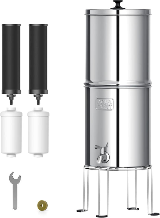 AQUA CREST Gravity Water Filter System, 304 Stainless Steel Countertop System with 4 Filters and Anti-Slip Stand, Reduce Fluoride and Chlorine, 2.25G, for Home, Camping, RVing, Off-Grid, Emergencies
