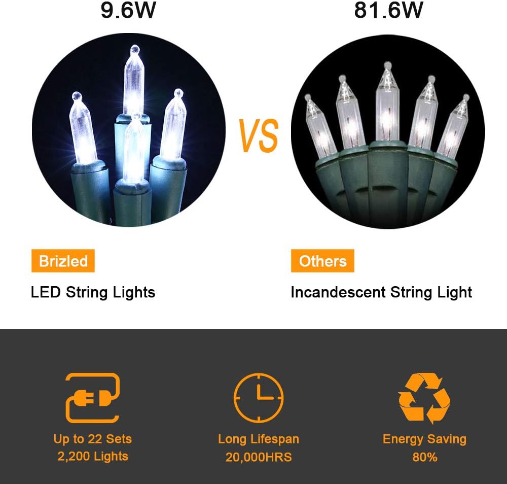 Brizled Christmas Lights, 33ft 100 LED End to End Connectable Mini Christmas String Lights, 120V UL Certified Cool White Xmas Tree Light Indoor Outdoor Mini Light Set for Xmas Tree Party Wedding Decor