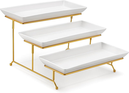 MALACASA 3 Tier Serving Trays for Party, 14 Inch Porcelain White Trays for Serving Food, Dessert Stand with Collapsible Gold Metal Rack