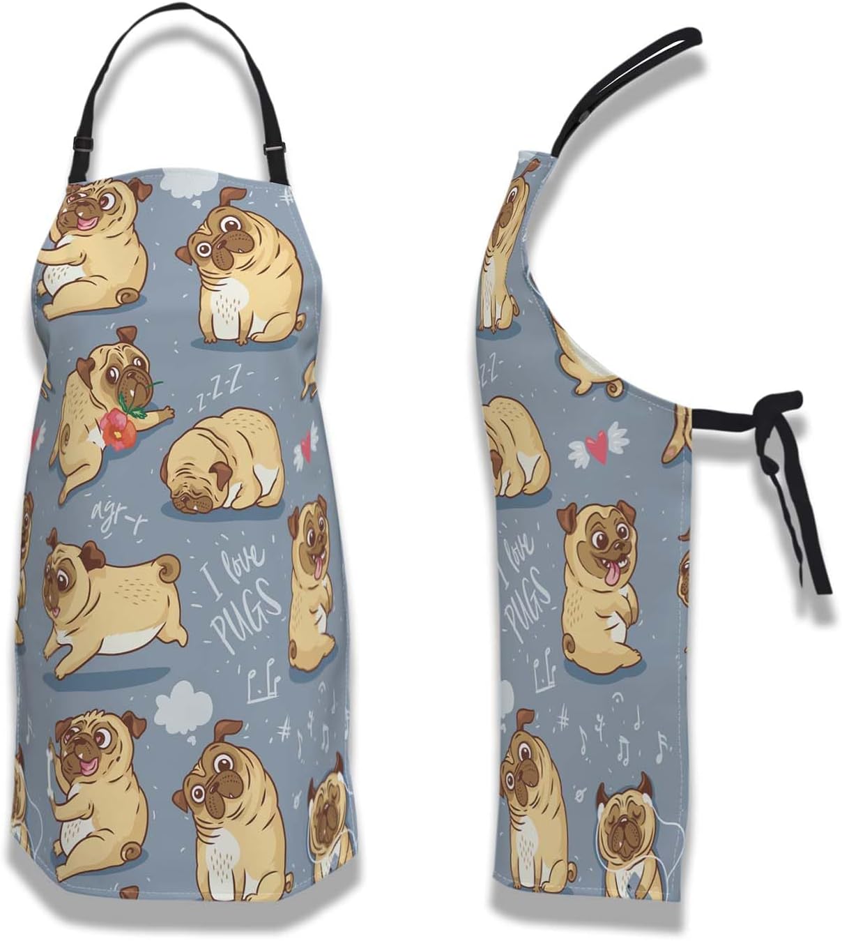 Paint Apron for Men Pug Puppies Dog Cartoon Bull Terrier Funny Aprons for Women for Kitchen Cooking Restaurant BBQ Painting Crafting Gardening 27” (W) x 31” (H), Waterproof Aprons