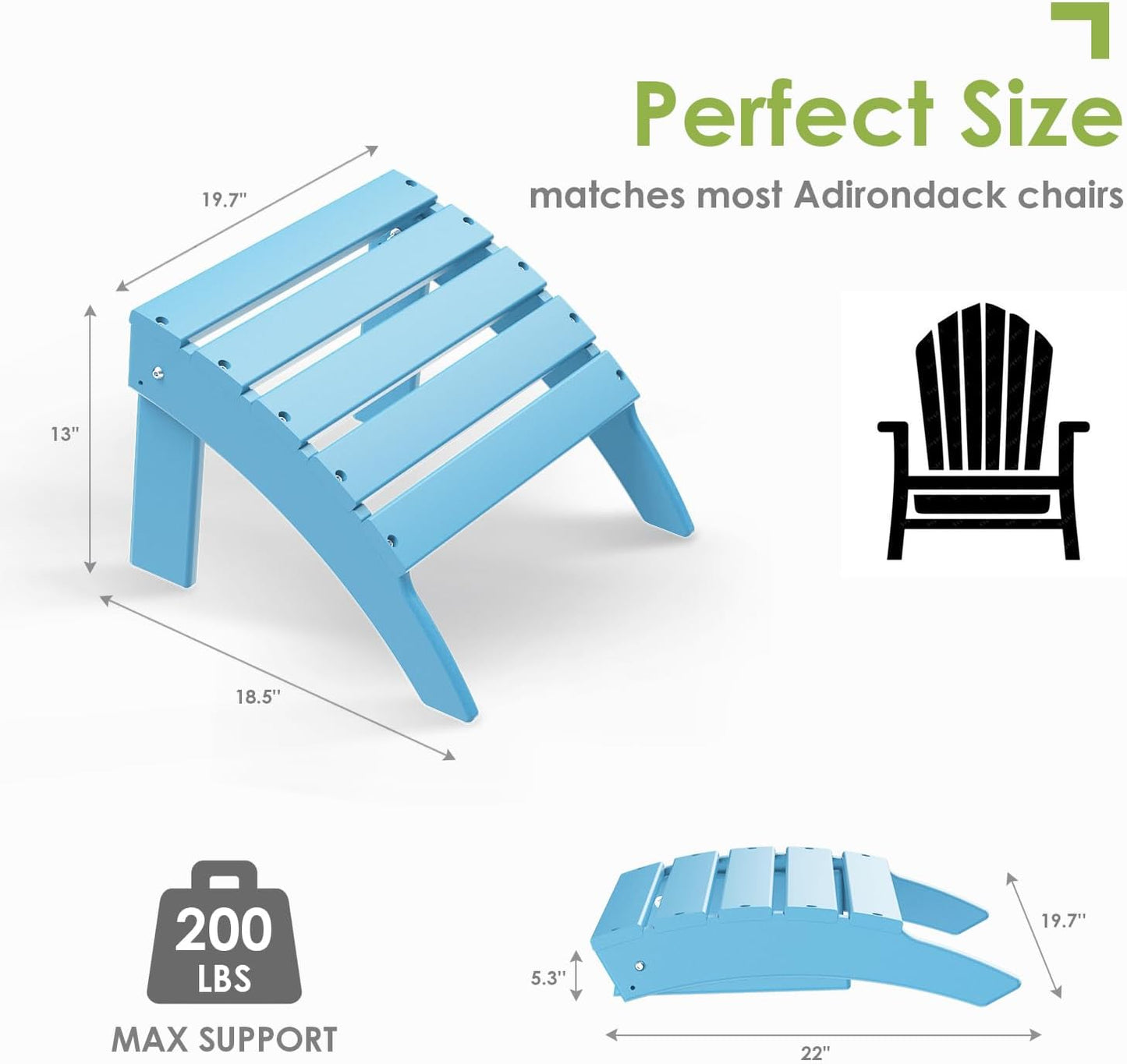 GREENVINES Adirondack-Ottoman | HDPE Plastic | Outdoor Footrest | All Weather | Foot Rest | Foot Stool | Arctic | for Adirondack Chair | for Patio Backyard Pool