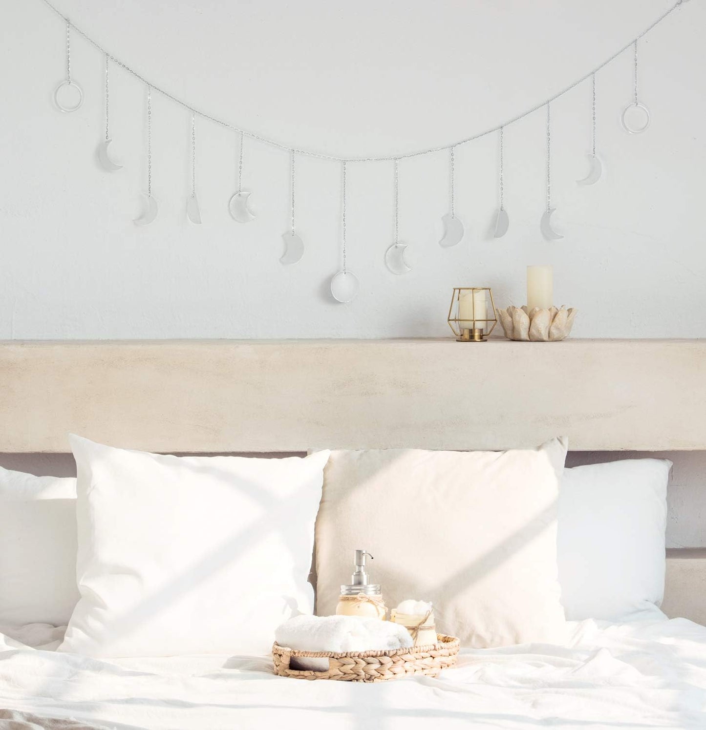 Mkono Moon Phase Wall Hanging Boho Aesthetic Room Decor Metal Moons Garland Hanging Art Bohemian Home Decoration for Girls Room Nursery Bedroom Livingroom Dorm, Ideal, Silver, 55"