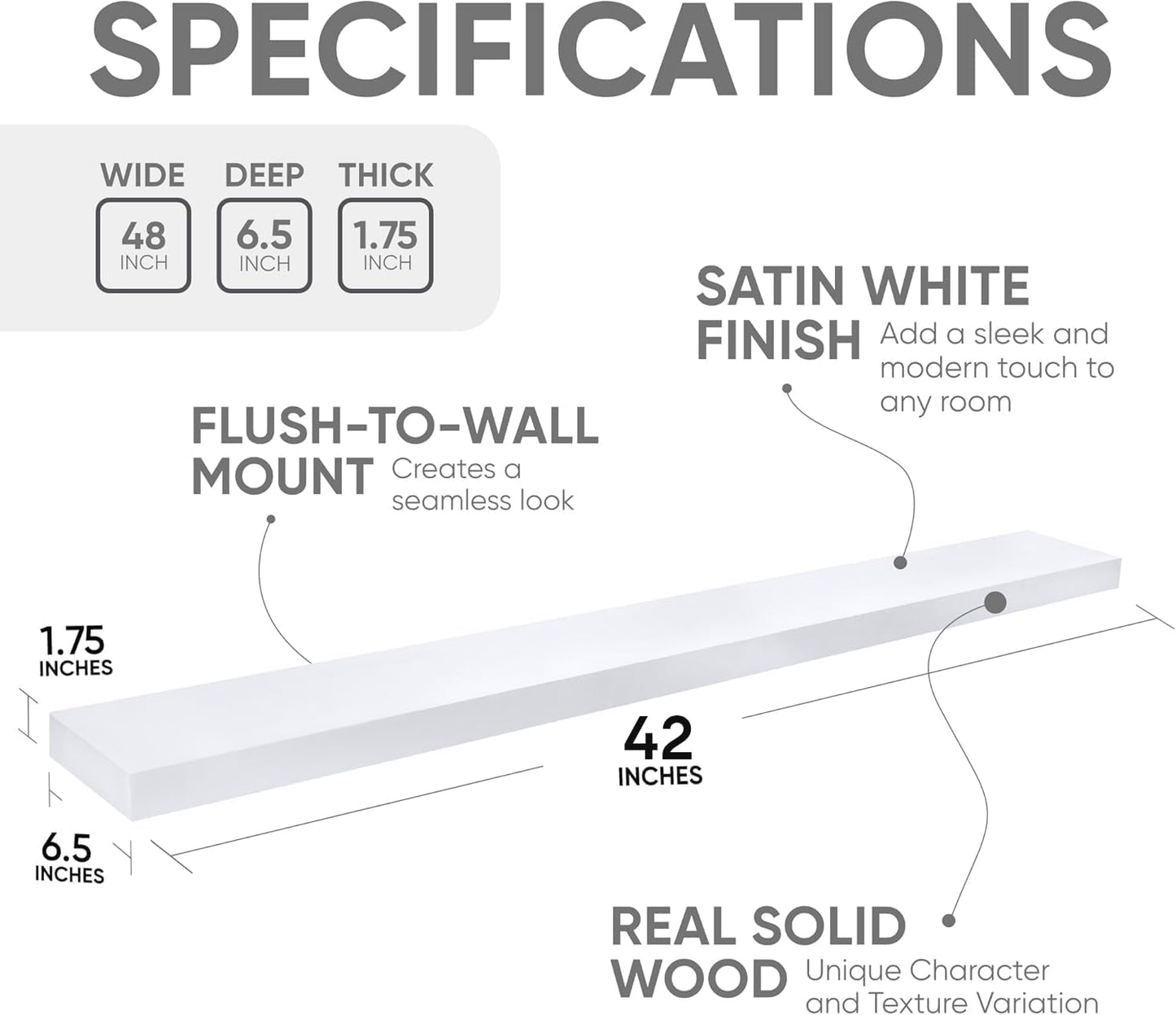 Homeforia White Floating Shelves 42 inch, High End Solid Real Wood 42inch Floating Shelf for Wall Mounted, White Wooden 42in Long Floating Shelves, Heavy Duty Bracket, 42 X 6.5 X 1.75 inches, Set of 2