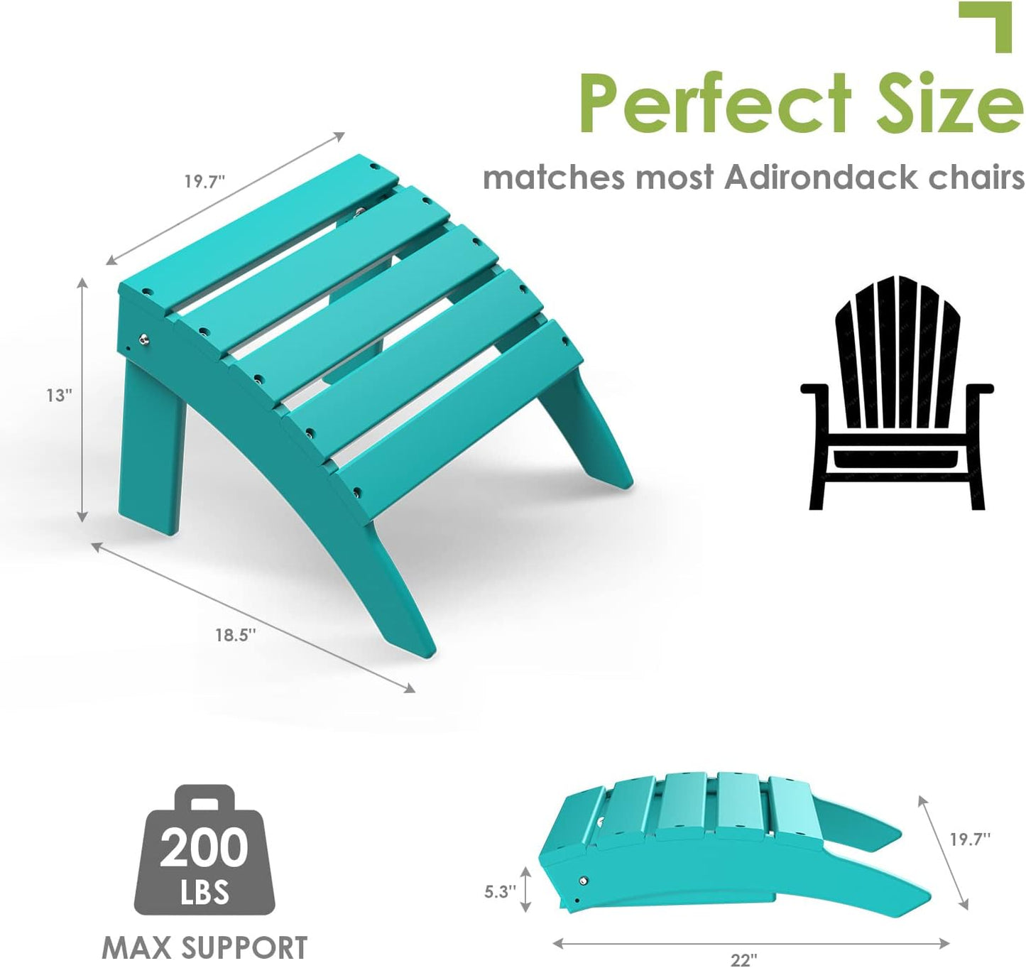 GREENVINES Adirondack-Ottoman | HDPE Plastic | Outdoor Footrest | All Weather | Foot Rest | Foot Stool | Aqua | for Adirondack Chair | for Patio Backyard Pool