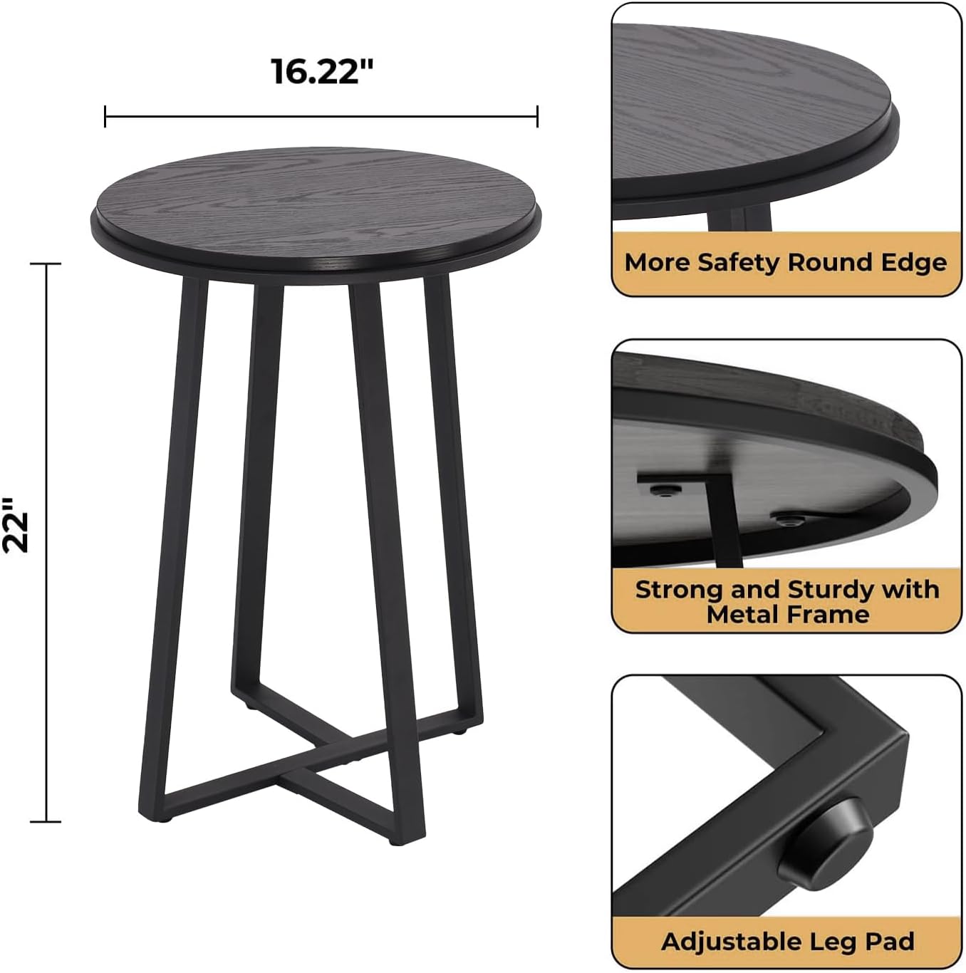 Round End Table, Small Side Table Black Color MDF Top, Metal Frame Black, Tall End Side Table for Bed Room, Coffee Tea End Table for Living Room(Round Black)