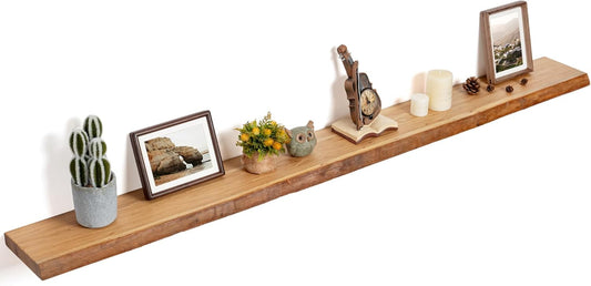 Floating Shelves for Wall Decor, Rustic Solid Elm Wood Live Edge Floating Shelves Wall Mounted, Wall Shelves with Invisible Bracket for Living Room Bathroom Bedroom Kitchen, 72 Inch, Natural