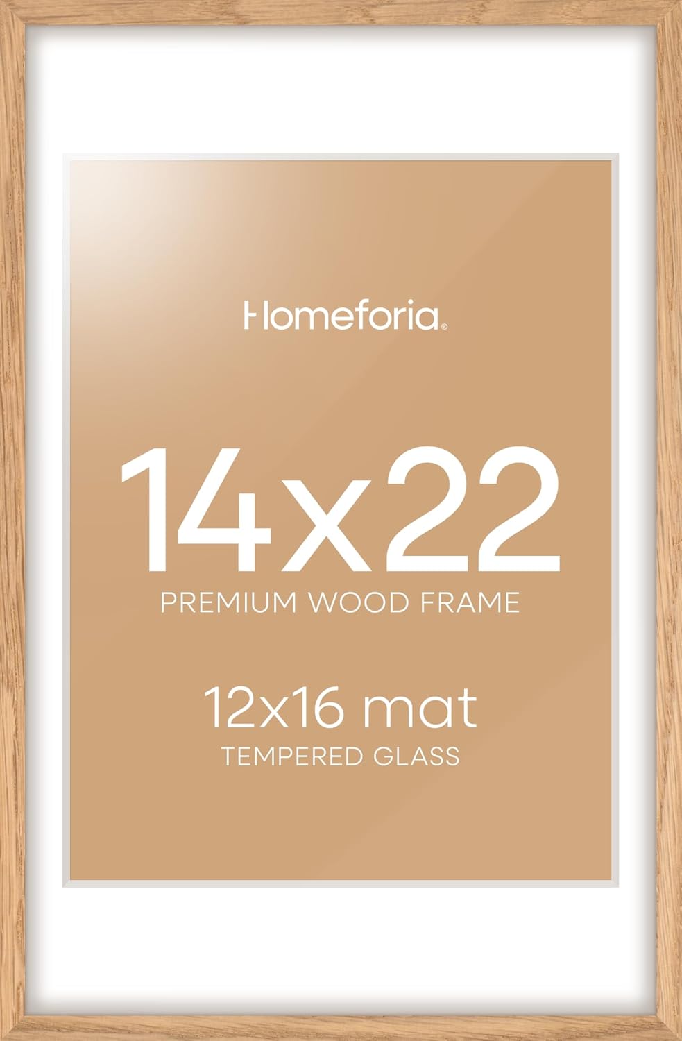 Homeforia 14x22 Picture Frame Wood, High End Natural Oak 14x22 Light Wooden Poster Frame with Mat 12x16, 14 x 22 Frames Matted to 12 x 16 Photo, 22x14 Hanging Frame, Tempered Glass, Wall Kit, Set of 1