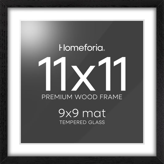 Homeforia 11x11 Black Wood Frame, High-End Oak 11 x 11 Square Picture Frames with Mat 9 by 9 inch Photo, 11by11 Wooden Frame Matted to 9x9 Art, Wall Hanging Frames, Tempered Glass, Wall Kit, Set of 1