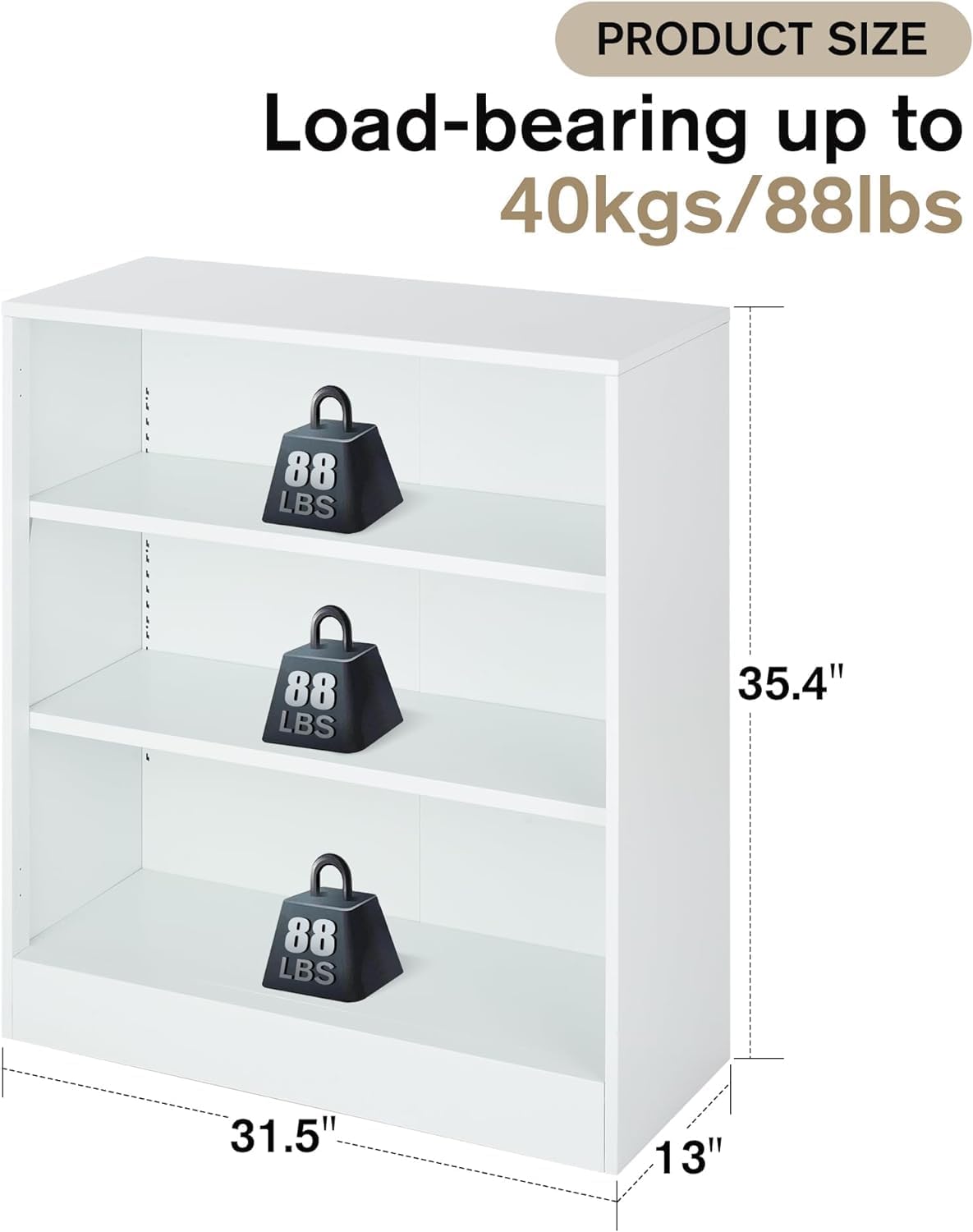 3-Tier Bookshelf with Adjustable Shelves, White Metal Space Saving Storage Shelf Bookcase, Small Open Storage Shelf for Living Room, Home Office, Dinning Room, Pantry (White-36H)