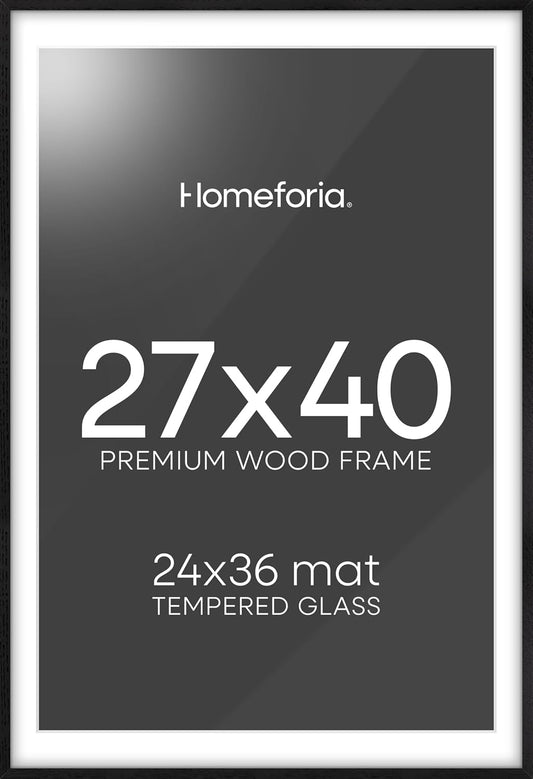 Homeforia Oak Wooden Poster Frame, 27x40, Black, Matted, Wall Mount, Modern Style, Set of 1
