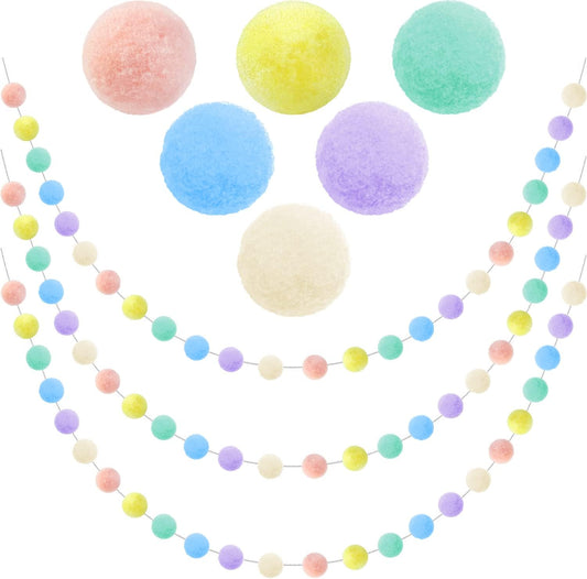 3pk Pastel Pom Pom Garland Easter Decorations Spring Home Decor Indoor Living Room Wall Classroom Xmas Tree, Cute Hanging Rainbow Colorful Felt Ball Garland Baby Shower Wedding Birthday Party Supplies
