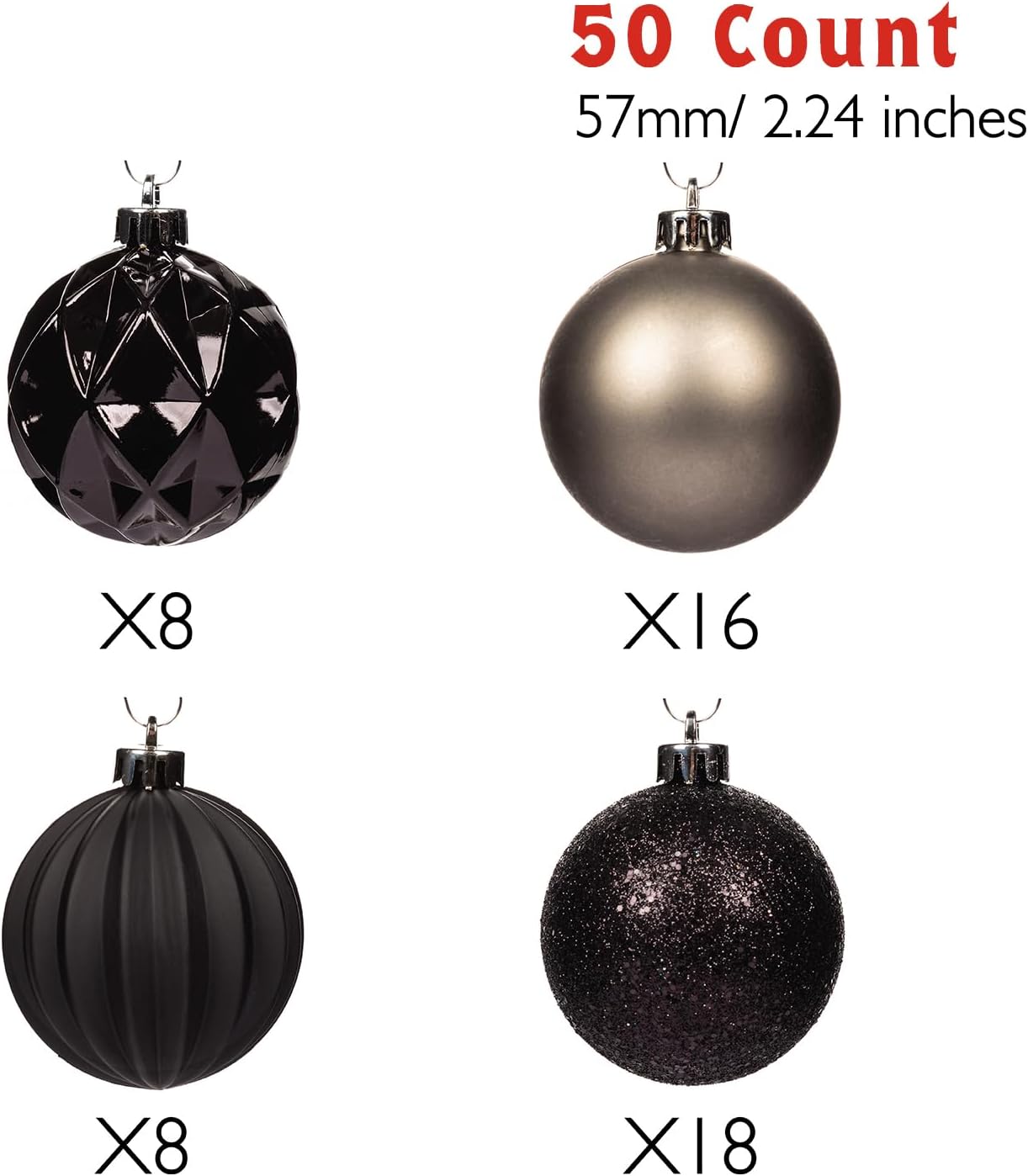 Every Day is Christmas Ornaments, Shatterproof Christmas Tree Ornament Set, Christmas Balls Decoration 50 Count (2.24"/57mm, Black Grey)