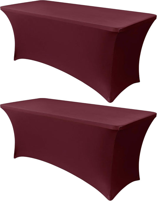 Obstal 8Ft Stretch Spandex Table Cover for Standard Folding Tables - 2 Pack Universal Rectangular Fitted Tablecloth for Party, Banquet, Events, Trade Show (Wine Red, 96L x 30W x 30H Inches)