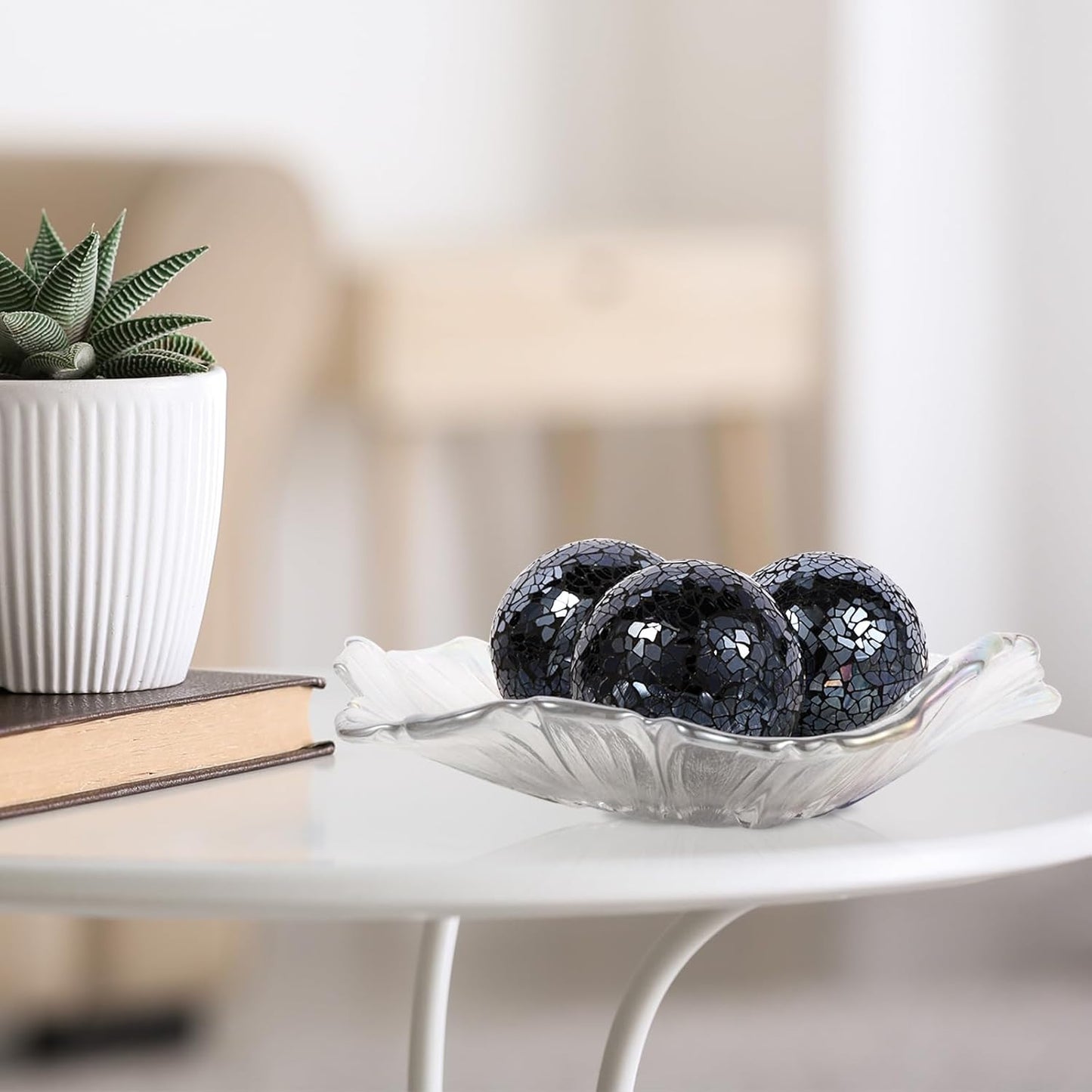 6pc Decorative Ball Set - 6cm/2.4inch Mosaic Glass Orbs for Centerpieces, Table Decor, Wedding Party (Black)