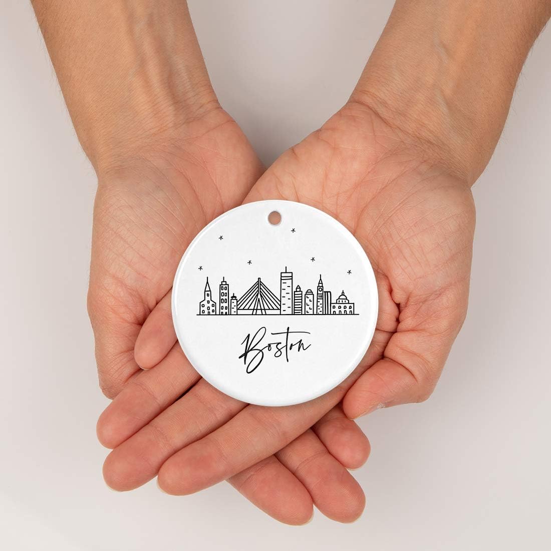 Andaz Press Round Ceramic Porcelain Christmas Tree Ornament Keepsake, Boston Black and White Stars City Skyline Graphic, 1-Pack, Birthday Gift Idea for Family, Coworker, Him, Her, Includes Gift Box