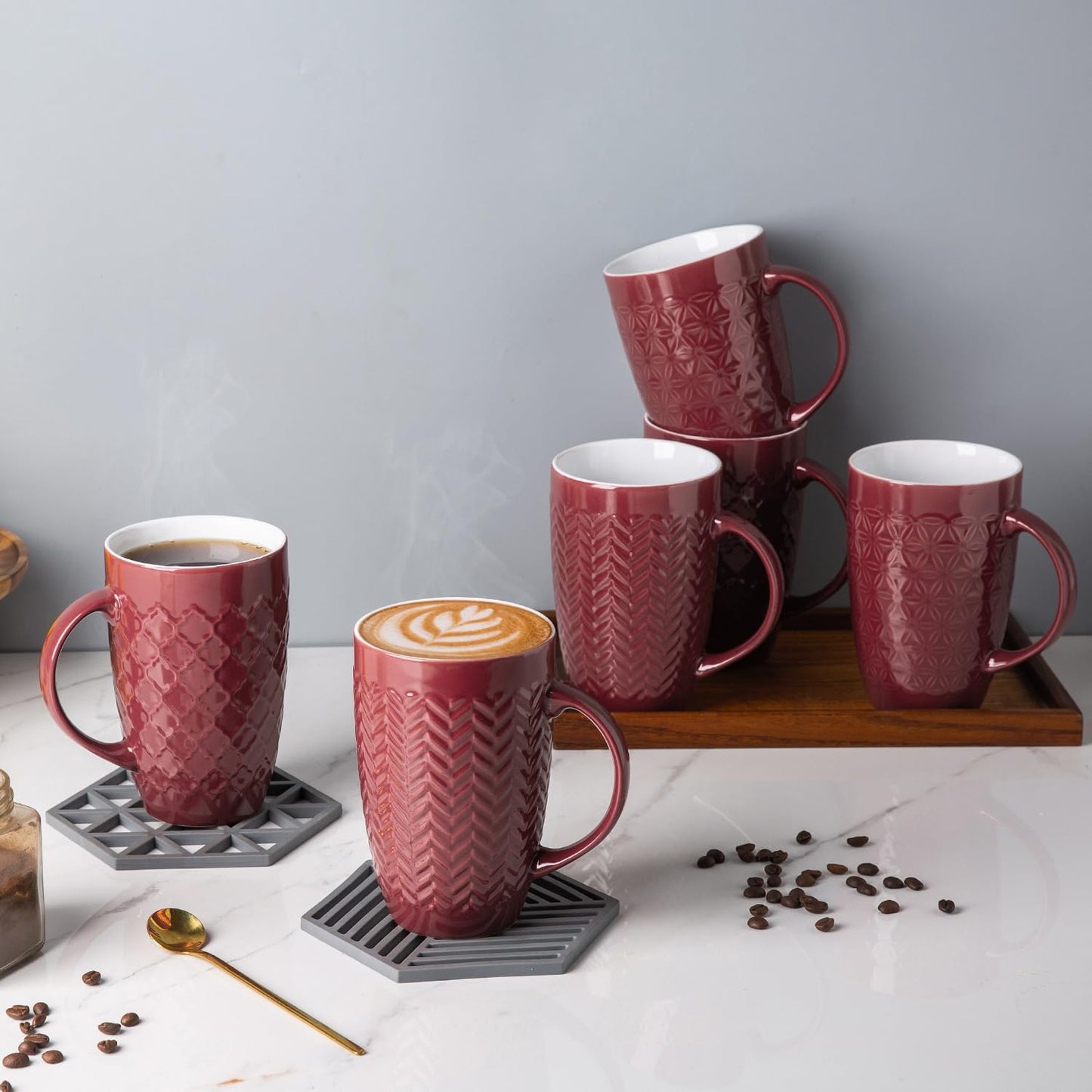AmorArc Extra Large Coffee Mugs Set of 6, 20oz Ceramic Tall Coffee Mugs with Textured Geometric Patterns for Latte/Tea/Beer/Hot Cocoa, Dishwasher & Microwave Safe, Burgundy