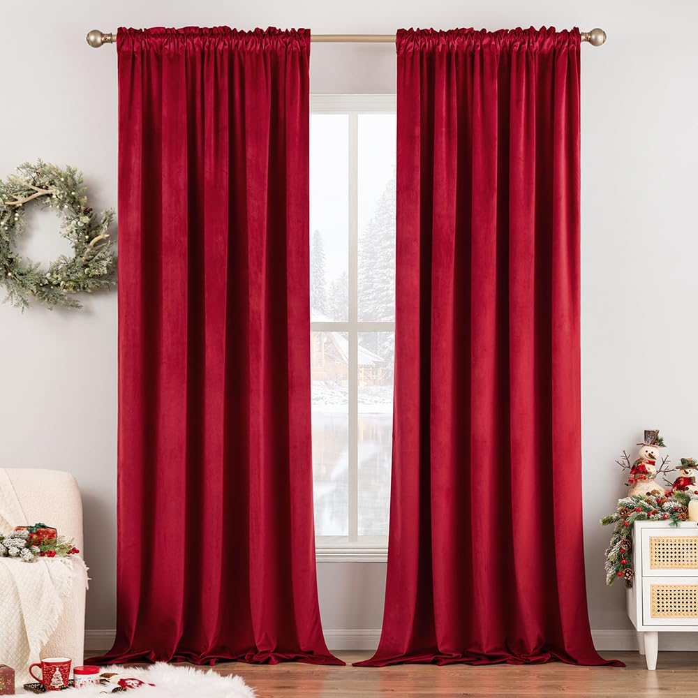MIULEE Christmas Red Velvet Curtains Thermal Insulated Blackout Curtain Drapes for Bedroom Living Room Darkening 84 Inches Long Curtains Panels Rod Pocket Set of 2