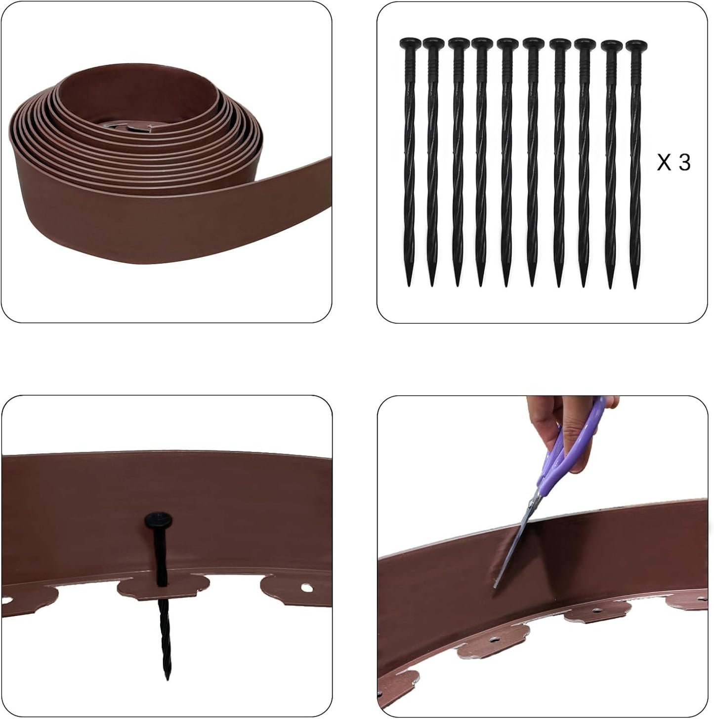 Garden Edging 33FT, 4IN High Landscape Edging Border Plastic Lawn Edging Roll with 30 Spikes for Yards, Flower Bed Edge, Sidewalks, Pathway, Brown