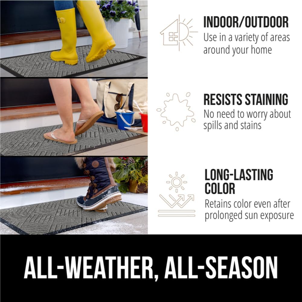 GORILLA GRIP 100% Waterproof All-Season WeatherMax Doormat US Designed Natural Rubber, Stain and Fade Resistant, Low Profile Indoor Outdoor Door Mats, Easy Clean Patio Mat, 17x29, Steel Diamond