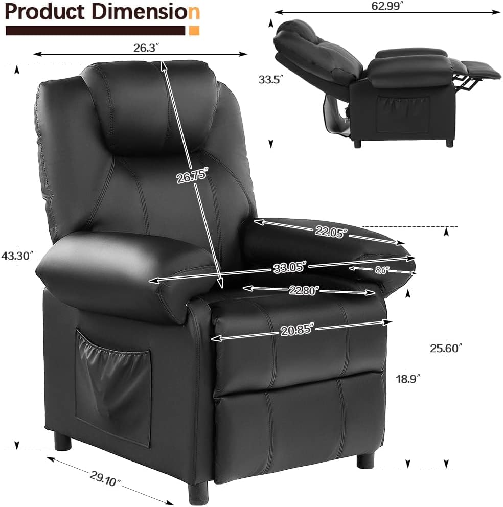 KCREAM Massage Recliner Chairs with Heat,PU Leather Overstuffed Recliner Chairs Living Room Chairs for Adults with Side Pockets,Padded Backrest and Thick Seat Cushion,Home Theater,Black