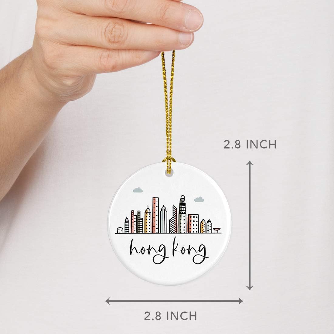 Andaz Press Round Ceramic Porcelain Christmas Tree Ornament Keepsake Gift, Hong Kong, Colorful International City Skyline Graphic, 1-Pack, Birthday Family Coworker Him Her, Gift Box