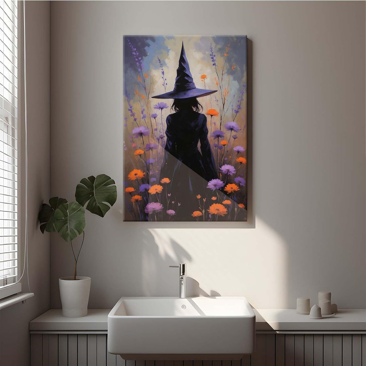 Country wildflower witch canvas print halloween mashup art witch purple decoration bohemian elegant art poster20x30in Wood Framed