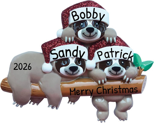 3D Sloth Family of 3 Christmas Ornament 2025 Personalized Family Christmas Ornaments 2025 | Stacked Sloth Keepsake Personalized Tree Ornaments Customizable Gifts Hanging on Log of Three Ornament