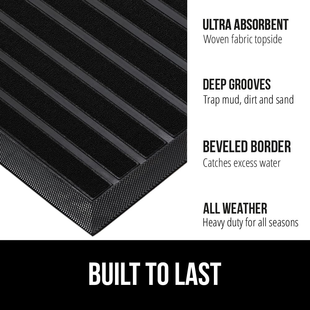 GORILLA GRIP 100% Waterproof All-Season WeatherMax Doormat US Designed Natural Rubber, Stain and Fade Resistant, Low Profile Indoor Outdoor Door Mats, Easy Clean Patio Mat, 23x35, Black Stripe