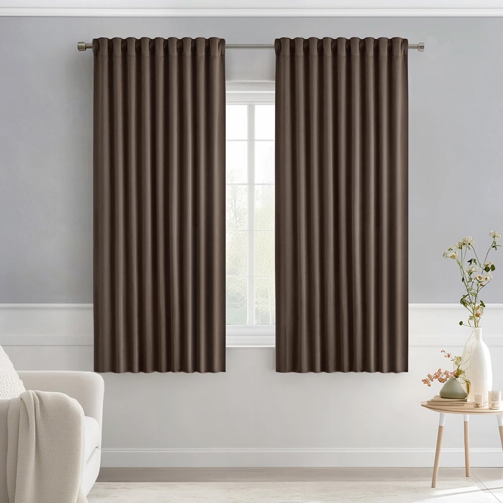 MIULEE Chocolate Brown Back Tab Blackout Curtains 63 Inch Length 2 Panels Set for Living Room Bedroom Privacy, Rod Pocket/Pinch Pleat Thermal Insulated Room Darkening Pleated Light Blocking Drapes