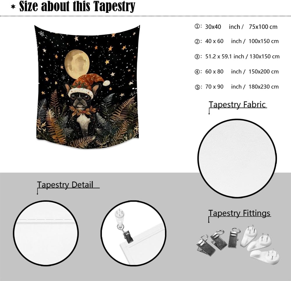French Bulldog Christmas Tapestry Wall Hanging Cute Dog Santa Hat Moon Pictures Print Pet Lover Gift Funny Christmas Tapestries Aesthetic for Winter Home Nursery Kids Bedroom Decor 60x80inch