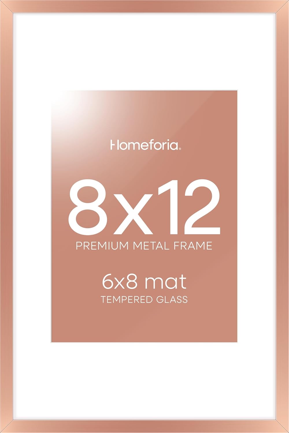 Homeforia 8x12 Picture Frame Rose Gold, High End Metal 8 x 12 Poster Frames with Mat 6 by 8 Photo, 12x8 Frame Matted to 6x8 inch Print, 8by12 Wall or Tabletop Frame, Tempered Glass, Wall Kit, Set of 1
