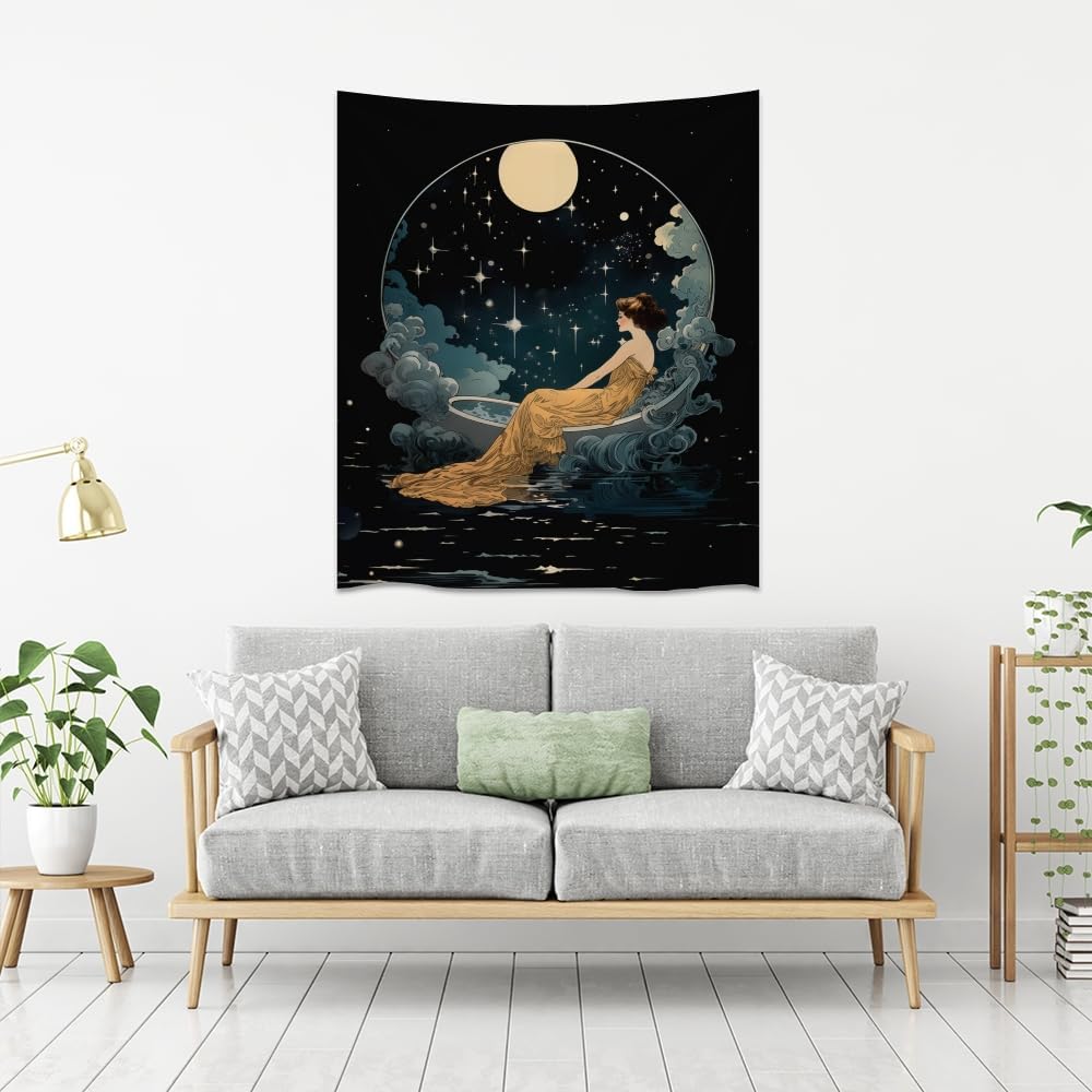 Dark Academia Tapestry Celestial Moonlit Bathing Lady Print Trendy Aesthetic Gothic Wall Hanging Vintage Art Nouveau Tapestries Wall Decor for Bedroom Living Room Dorm 60x80inch