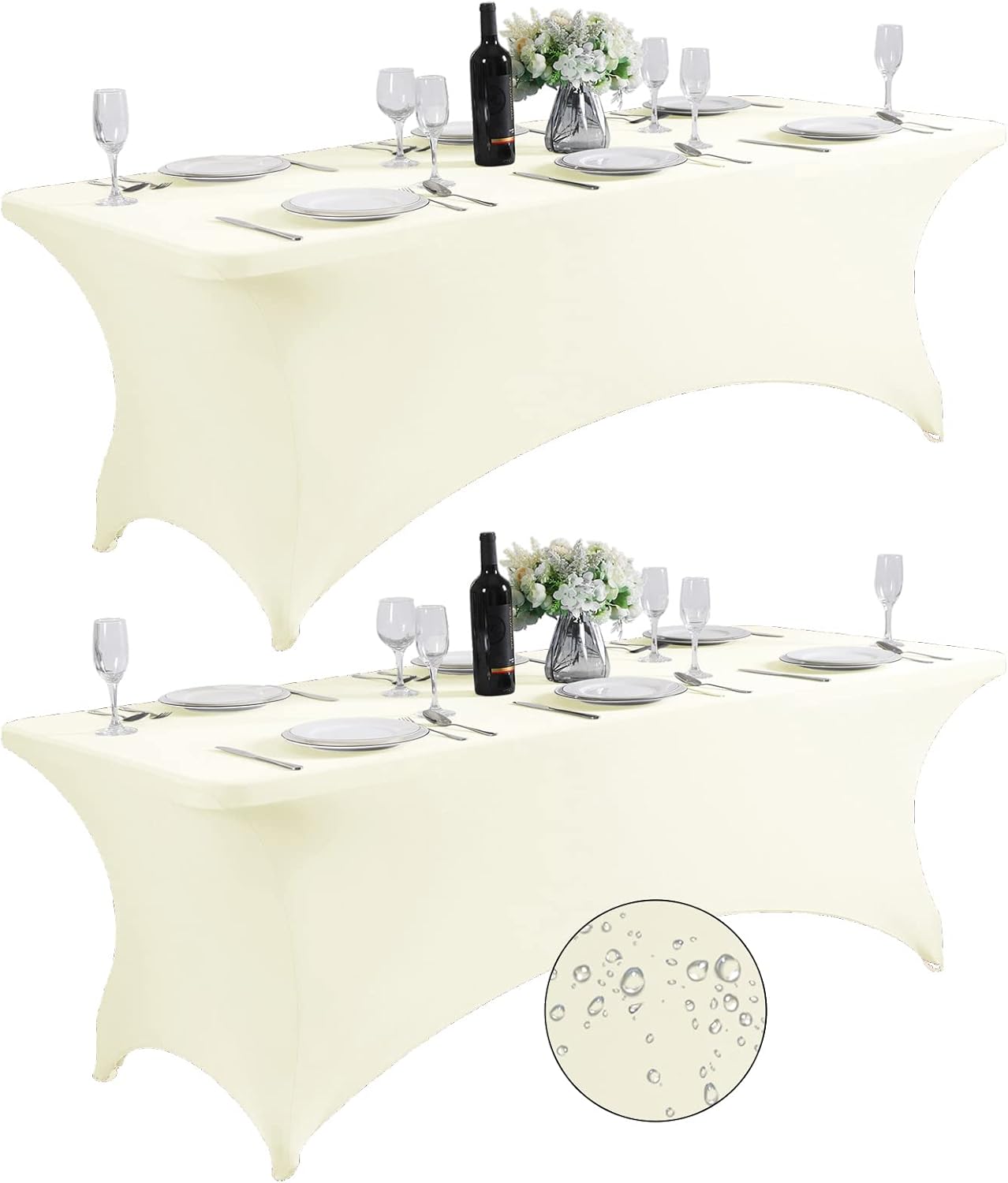 SuperO 2Pack Waterproof Spandex Table Cover for 8FT Table Universal Fitted Stretch Tablecloth for Party, Banquet, Wedding and Events-Ivory