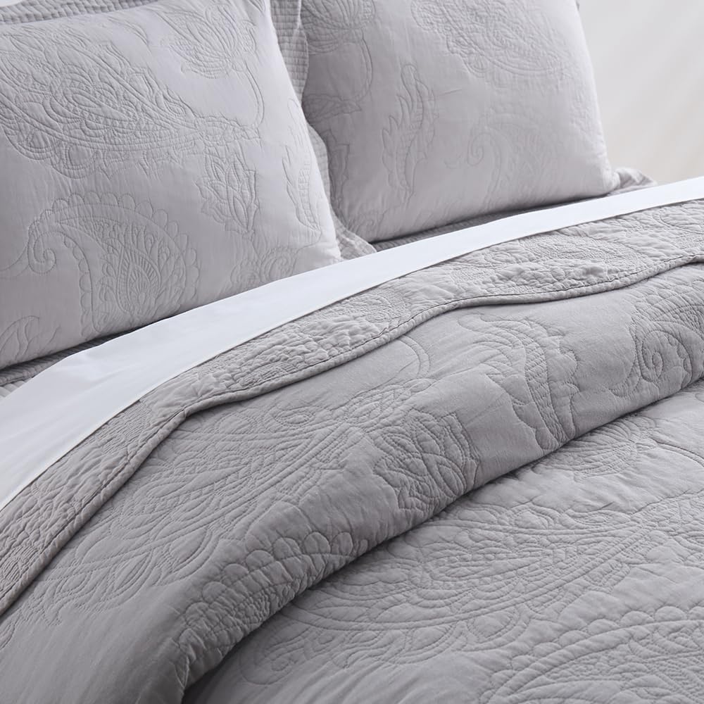 Cotton Bedspread Quilt Sets, Real Patchwork Bedding Sets with Luxury Floral Paisley Pattern, 3 Pieces Reversible Soft Lightweight Coverlet for All Season, Grey, King Size
