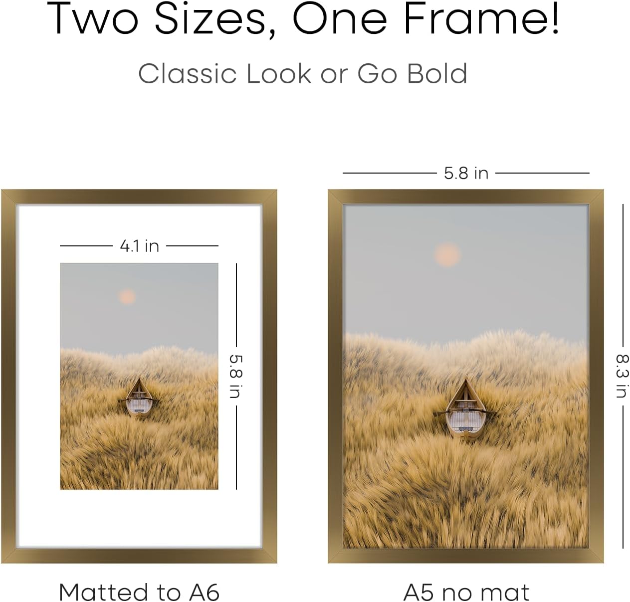 Homeforia A5 Picture Frame Bronze, High End Metal 5.8 x 8.3 Frame Matted to 4.1 x 5.8 Photo, A5 Frame with Mat A6 Art, 5.8x8.3 Poster Frames, 8.3x5.8 Display Frames, Tempered Glass, Wall Kit, Set of 1
