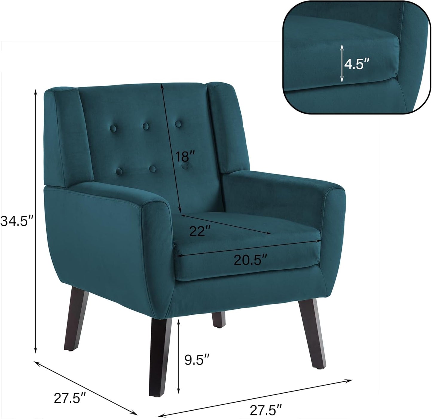 UIXE Accent Chair, Velvet Upholstered Armchair for Living Room, Modern Club Arm Chairs Comfy Single Sofa Button Tufted Bedroom Reading Seat - Blue, Set of 1