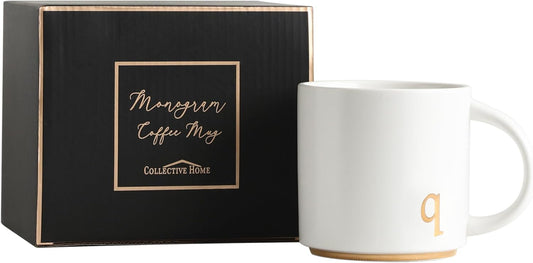 COLLECTIVE HOME - Monogram Ceramic Mugs, 15 oz Golden Initial Coffee Cups, Elegant Alphabet Tea Mugs, Elegant Personalized Mug with Gift Box, Luxurious Cups for Office and Home (q)