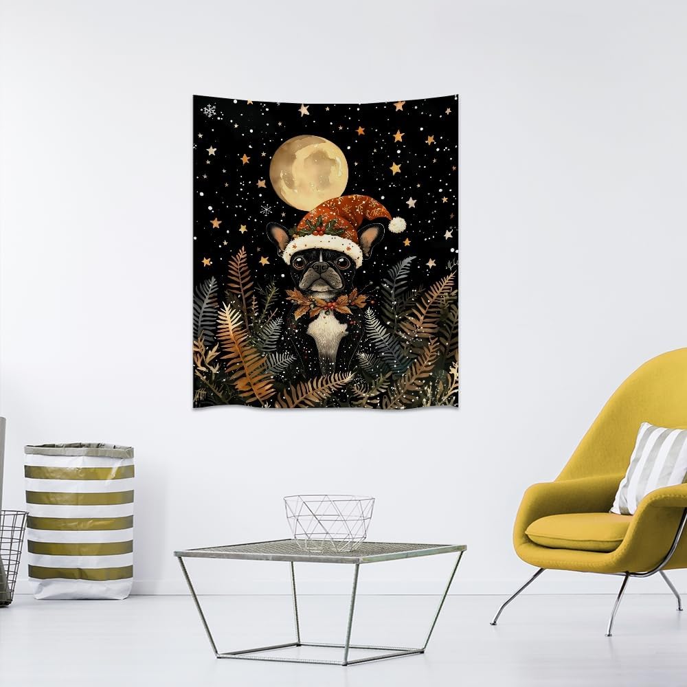 French Bulldog Christmas Tapestry Wall Hanging Cute Dog Santa Hat Moon Pictures Print Pet Lover Gift Funny Christmas Tapestries Aesthetic for Winter Home Nursery Kids Bedroom Decor 60x80inch