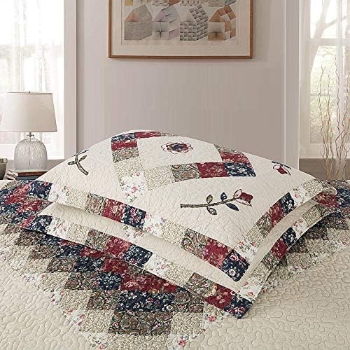 Beige Floral Embroidered Quilt Set King Size 100% Cotton Ethnic Patchwork Bedspread Coverlet Country Rustic Embroidery Reversible Geometric Bedding Cover Set Soft Cotton Comforter Cover,3pcs