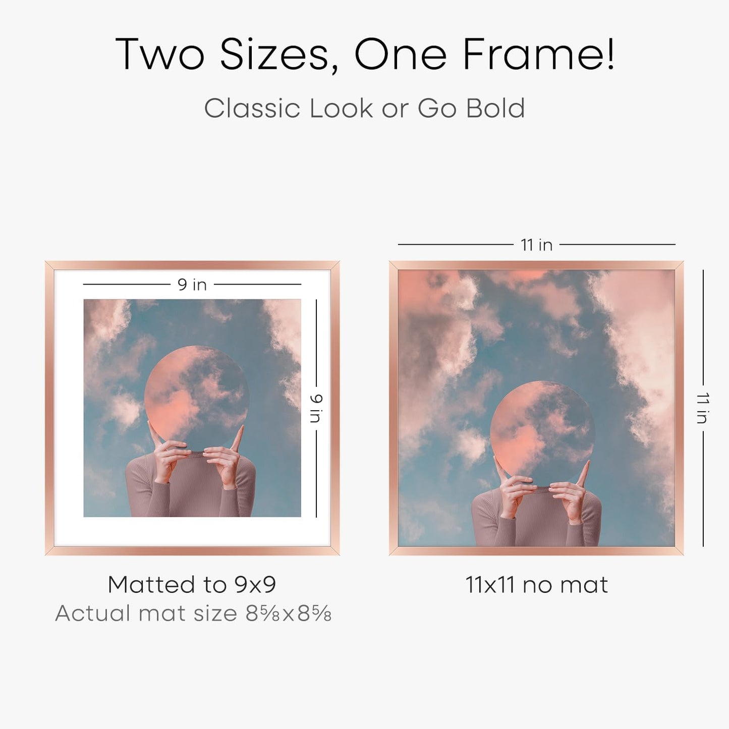 Homeforia 11x11 Rose Gold Picture Frame, High End Metal 11 by 11 Square Frames with Mat 9 x 9 Photo, 11by11 Poster Frame Matted to 9x9 inch Art, Wall Hanging Frames, Tempered Glass, Wall Kit, Set of 1