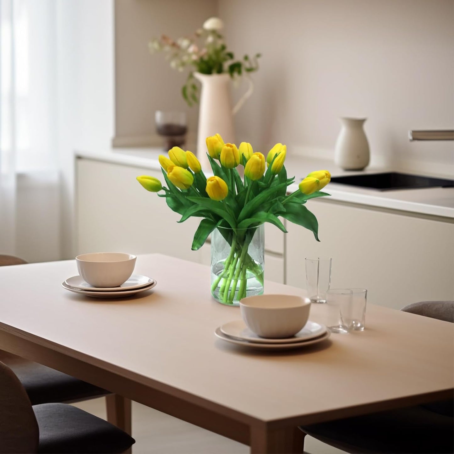 15pcs Artificial Tulips Flowers, Fake Tulips Real Touch, Faux Latex Bouquets, for Party Wedding Home Room Decoration (Yellow)