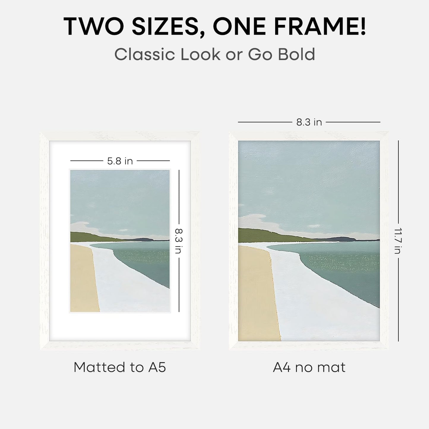 Homeforia A4 Picture Frame White Wood, High-End Oak 8.3 x 11.7 White Poster Frames Matted to 5.8 by 8.3 Photo, 8.3x11.7 Size Wooden Frame with Mat for 5.8x8.3 Print, Tempered Glass, Wall Kit, Set of 1
