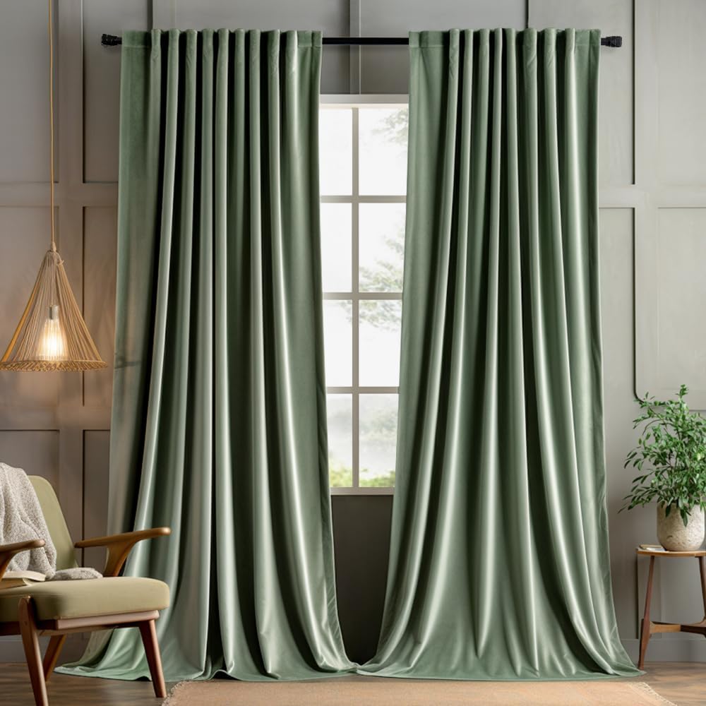 MIULEE Sage Green Velvet Curtains 102 inches 2 Panels - Pinch Pleated Luxury Room Darkening Window Drapes for Bedroom Living Room Blackout Thermal Insulated Super Soft, Back Tab Rod Pocket, W52 x L102